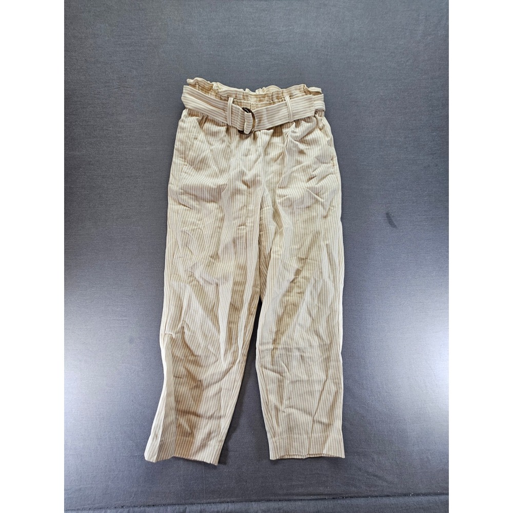 Ann Taylor Petite Tan White Striped Paperbag Waist Belted Pants XSP High Rise
